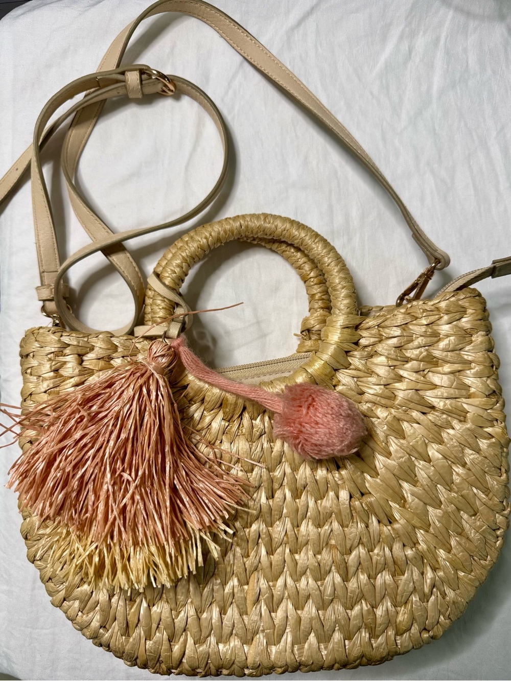 LC Lauren Conrad Natural Woven Straw Shoulder Bag with Pink Tassel